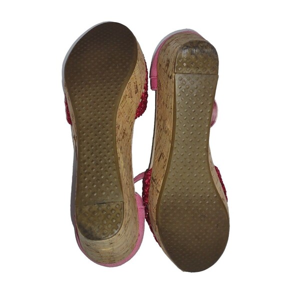 TOMS Red Pink Crochet Leather Ankle Cork Wedge Heels Sandals Size 6.5 - Picture 4 of 8